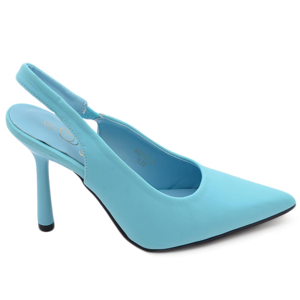 Scarpe decollete donna elegante punta in tessuto azzurro tacco sottile 12 cerimonia con allacciatura alla caviglia .