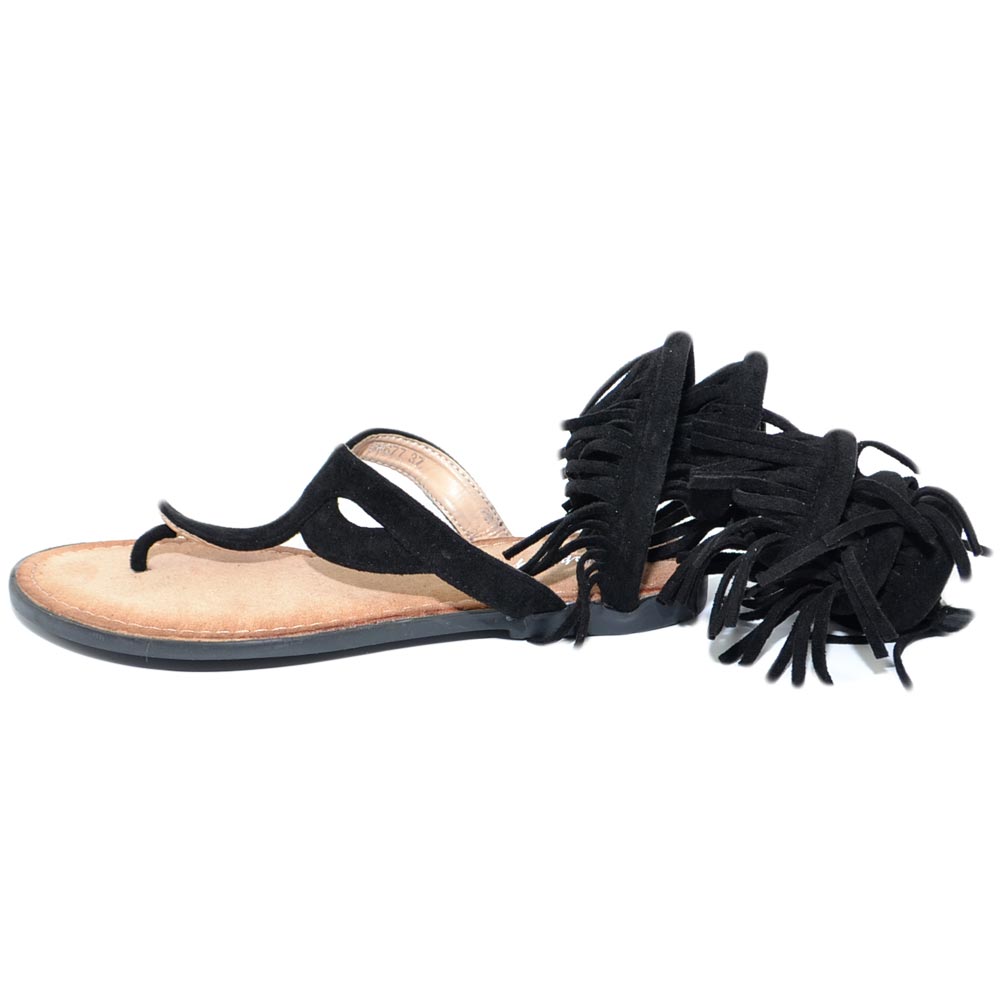 Sandalo basso donna nero estivo alla schiava infradito serpendino con frange gladiatore regolabile moda formentera glam