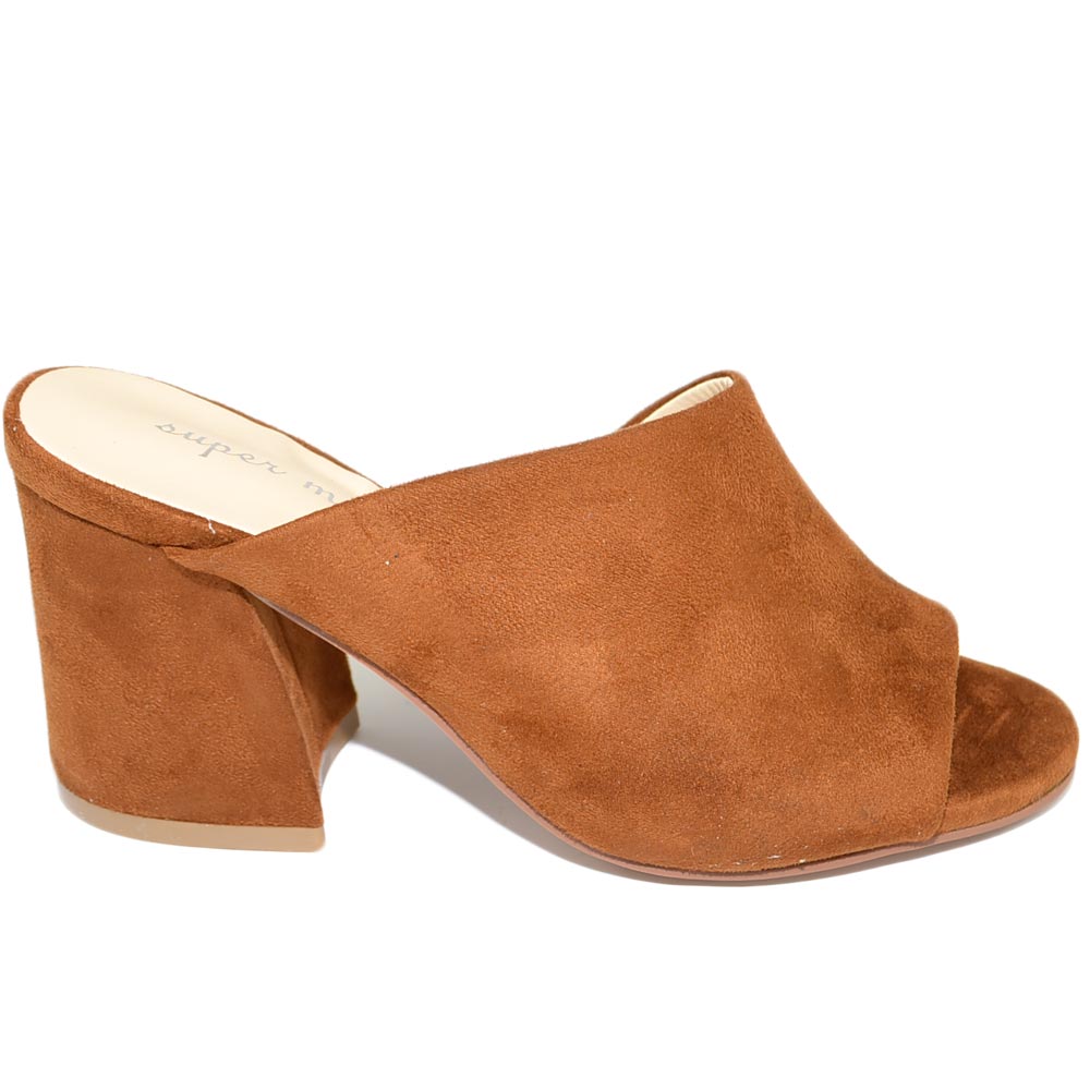 Sabot donna cuoio bruciato scamosciato sandali tallone aperto scollo asimmetrico unica fascia basic tacco comodo grosso 