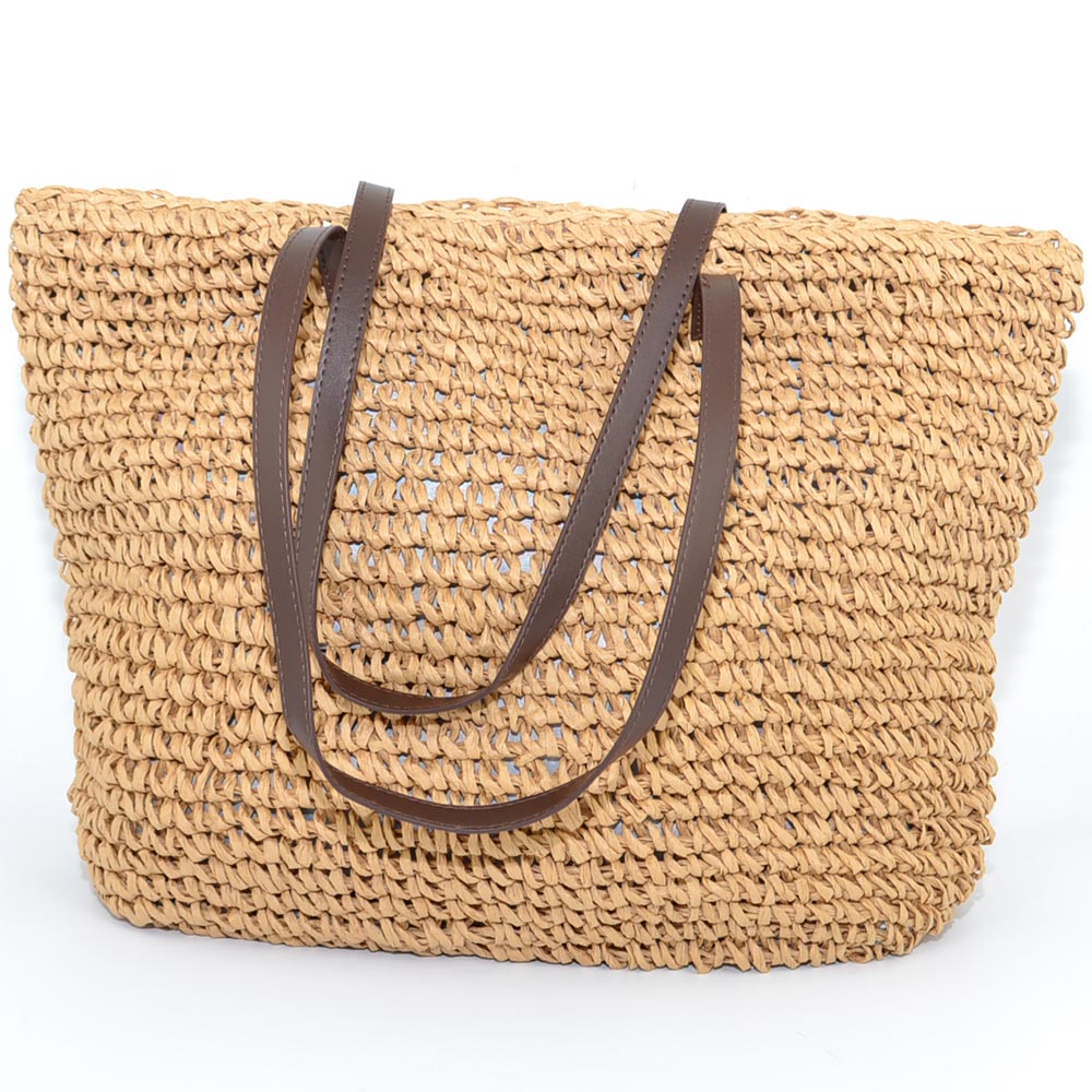 Borsa a mano di paglia donna morbida beige rettangolare grande  manico in pelle con zip da mare foderata in raso moda 