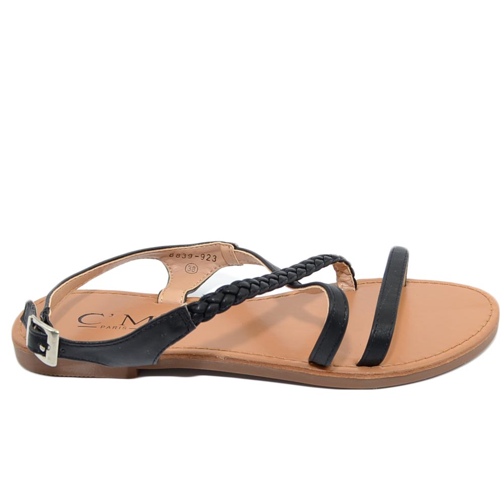 Sandalo basso positano donna fascetta con treccia incrociata nero cinturino alla caviglia antiscivolo linea basic chic