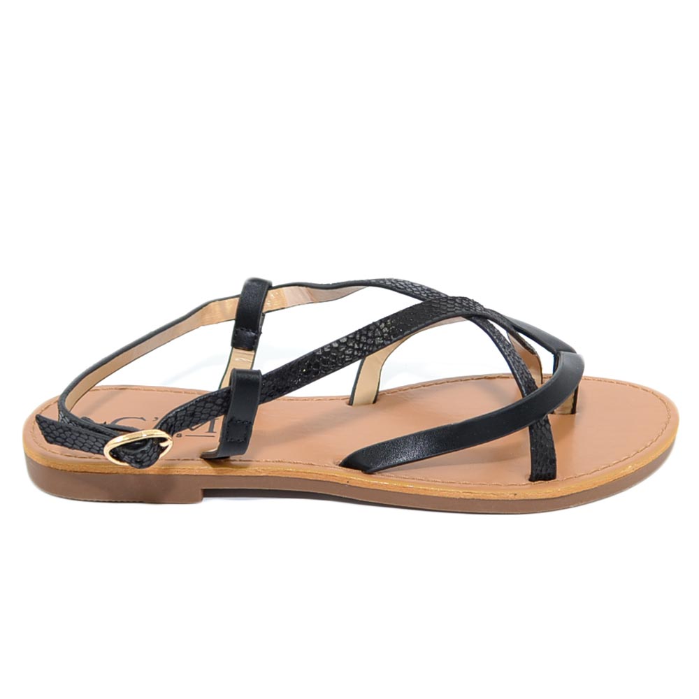 Sandalo basso positano donna infradito con fascetta incrociata nero cinturino alla caviglia antiscivolo linea basic chic