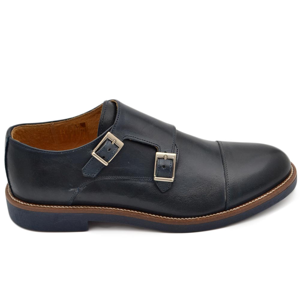 Scarpe doppia fibbia uomo classico sportivo in vera pelle nappa blu opaca suola gomma sottile bicolore