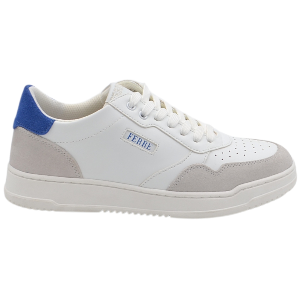 Sneakers da uomo Ferre' bianche in pelle con inserti in camoscio grigio talloncino blu suola a cassetta logo laterale.