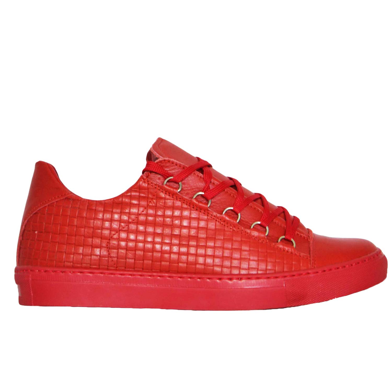 Sneakers bassa uomo in vera pelle rosso intrecciata a mano con ganci moda street trap style made i Italy.
