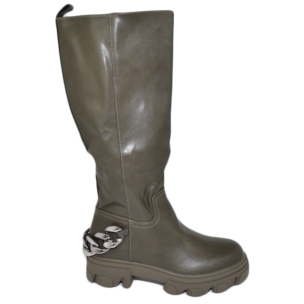 Stivali donna combat boots gomma alta con catena retro verde zip altezza ginocchio moda comodo