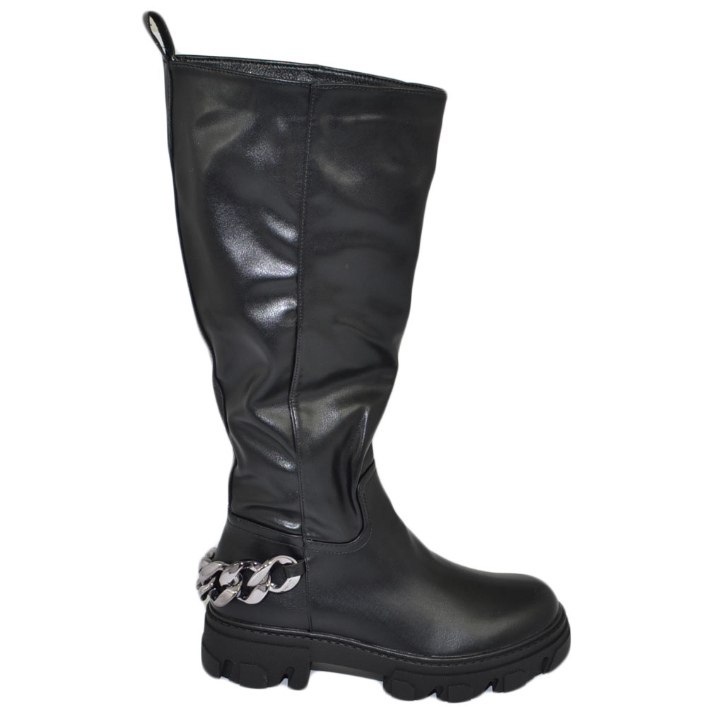 Stivali donna combat boots gomma alta con catena retro nero zip altezza ginocchio moda comodo.