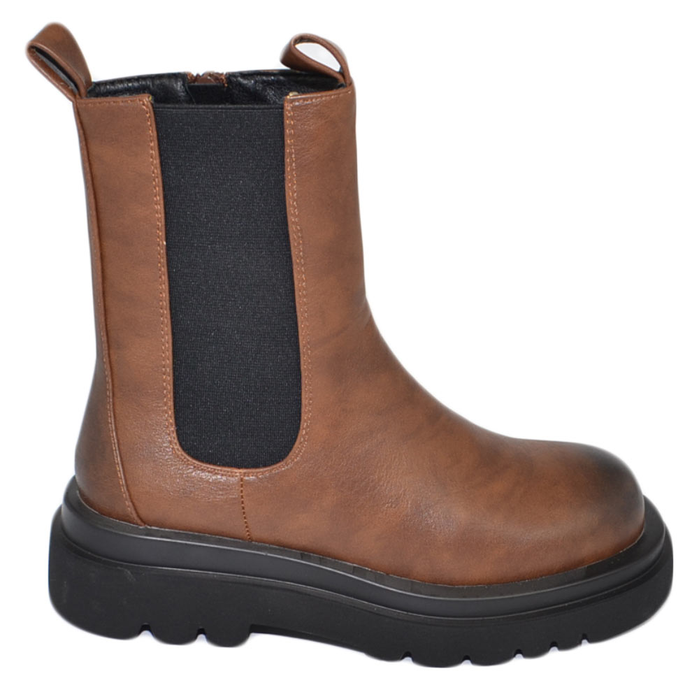 Stivaletti donna platform chelsea boots combat marrone fondo alto zip e elastico laterale moda tendenza comodo