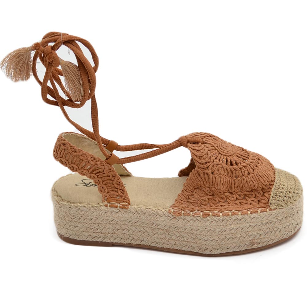 Espadrillas mocassini donna estivi in macrame' cuoio aperti ai lati con lacci alla schiava e suola in paglia comodo moda.