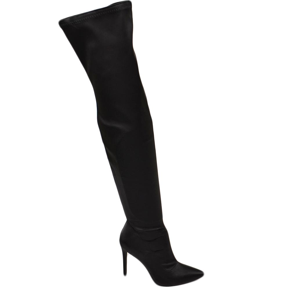 Stivale donna a punta alto in raso elastico nero sopra al ginocchio tacco a spillo 12 cm semilucido aderente con zip