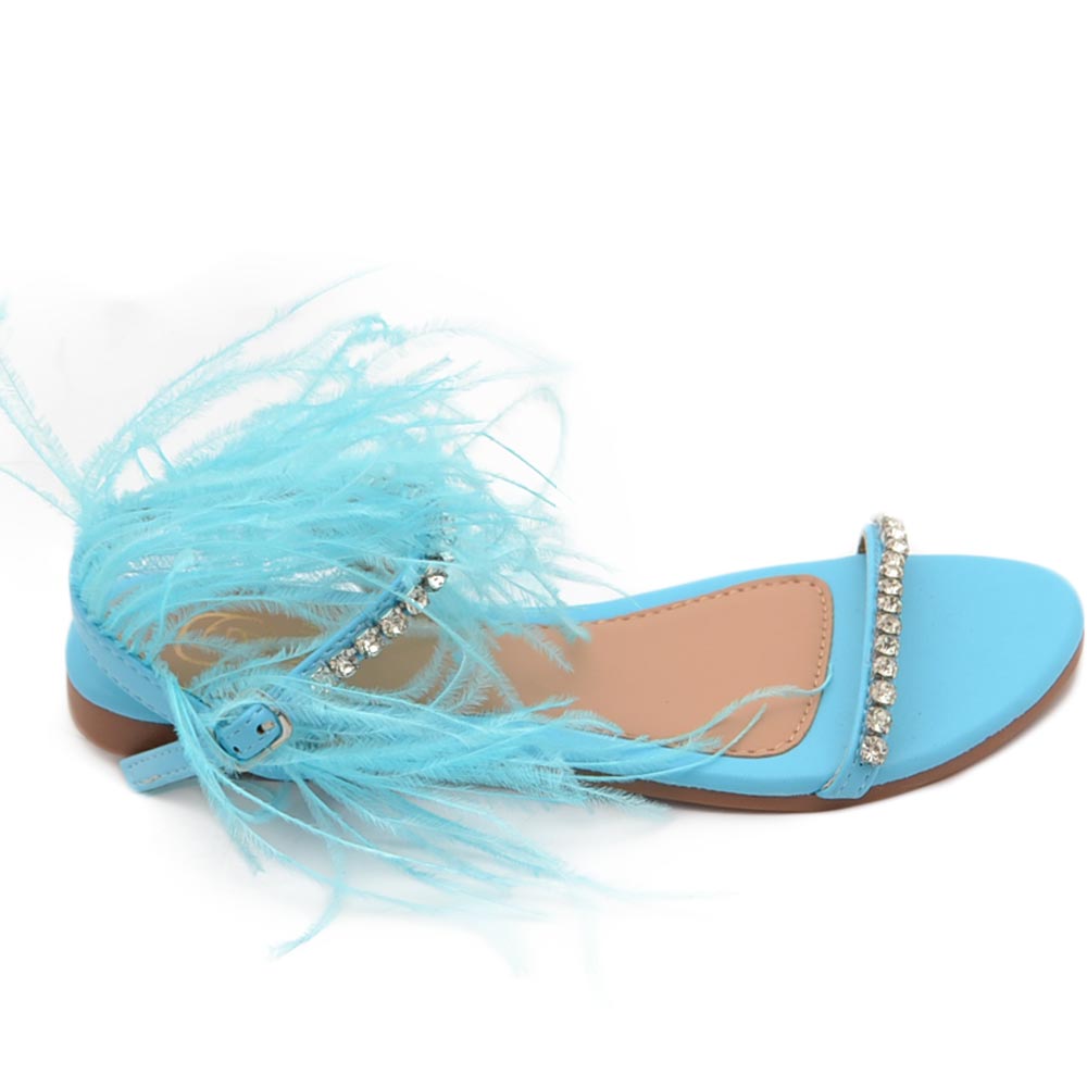 Pantofoline allacciata alla caviglia donna piume peluche con applicazioni azzurro cielo fascetta strass moda glamour