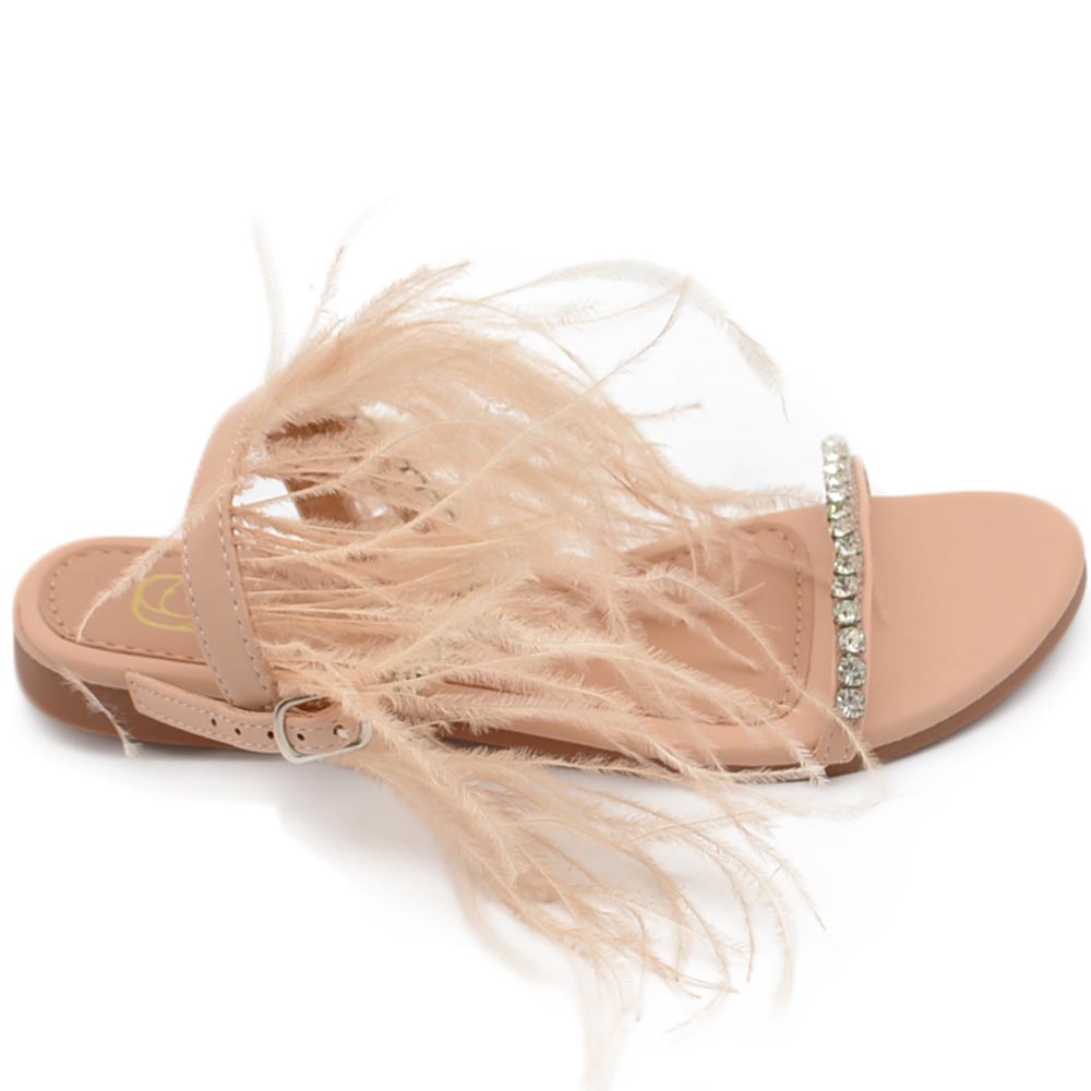 Pantofoline allacciata alla caviglia donna piume peluche con applicazioni beige nude fascetta strass  moda glamour