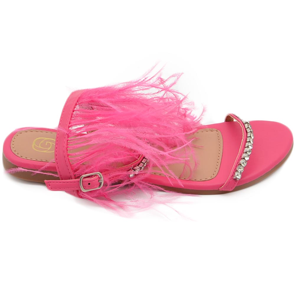 Pantofoline allacciata alla caviglia donna piume peluche con applicazioni fucsia rosa fascetta strass moda glamour