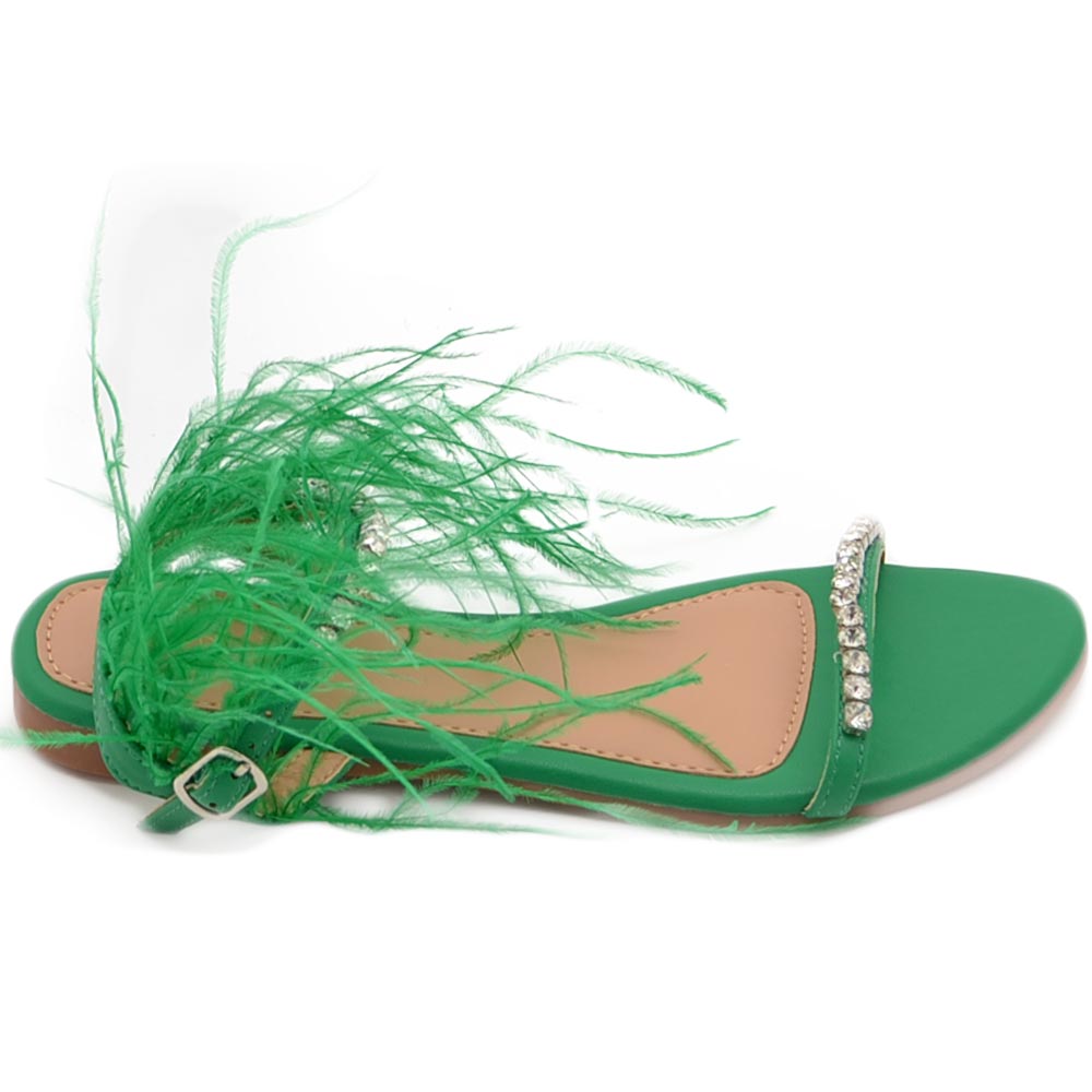 Pantofoline allacciata alla caviglia donna piume peluche con applicazioni verde bosco fascetta strass moda glamour.