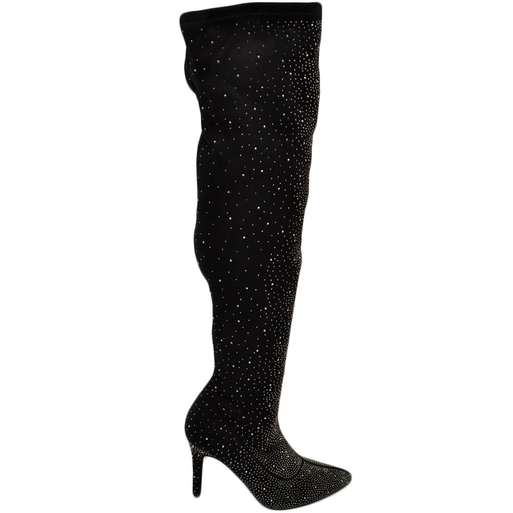 Stivale donna a punta alto sopra al ginocchio camoscio nero ricoperto di strass tacco a spillo 12 cm aderente con zip.