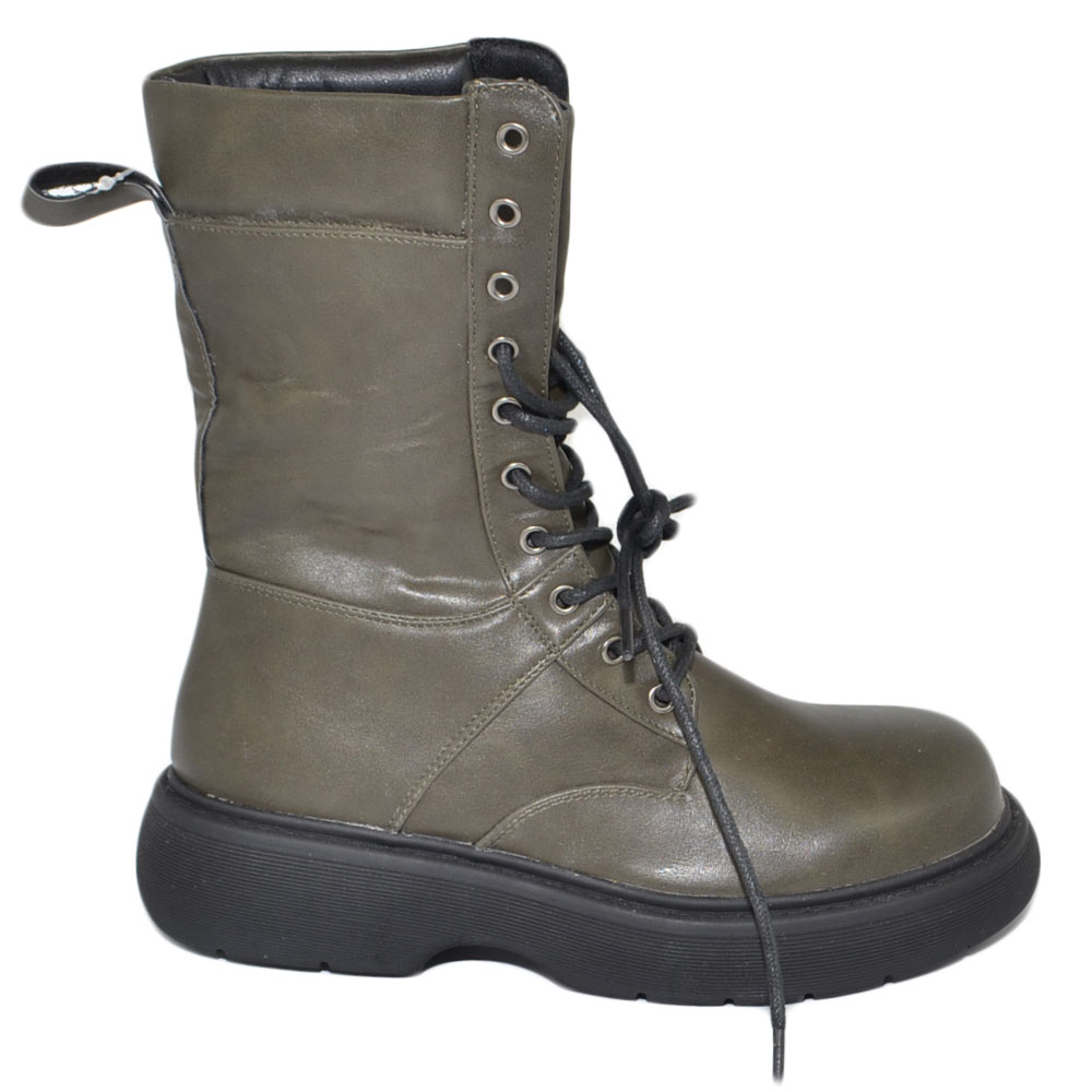 Stivale anfibio scarpa donna verde militare meta' polpaccio lacci doppi carrarmato alto gommato zip moda
