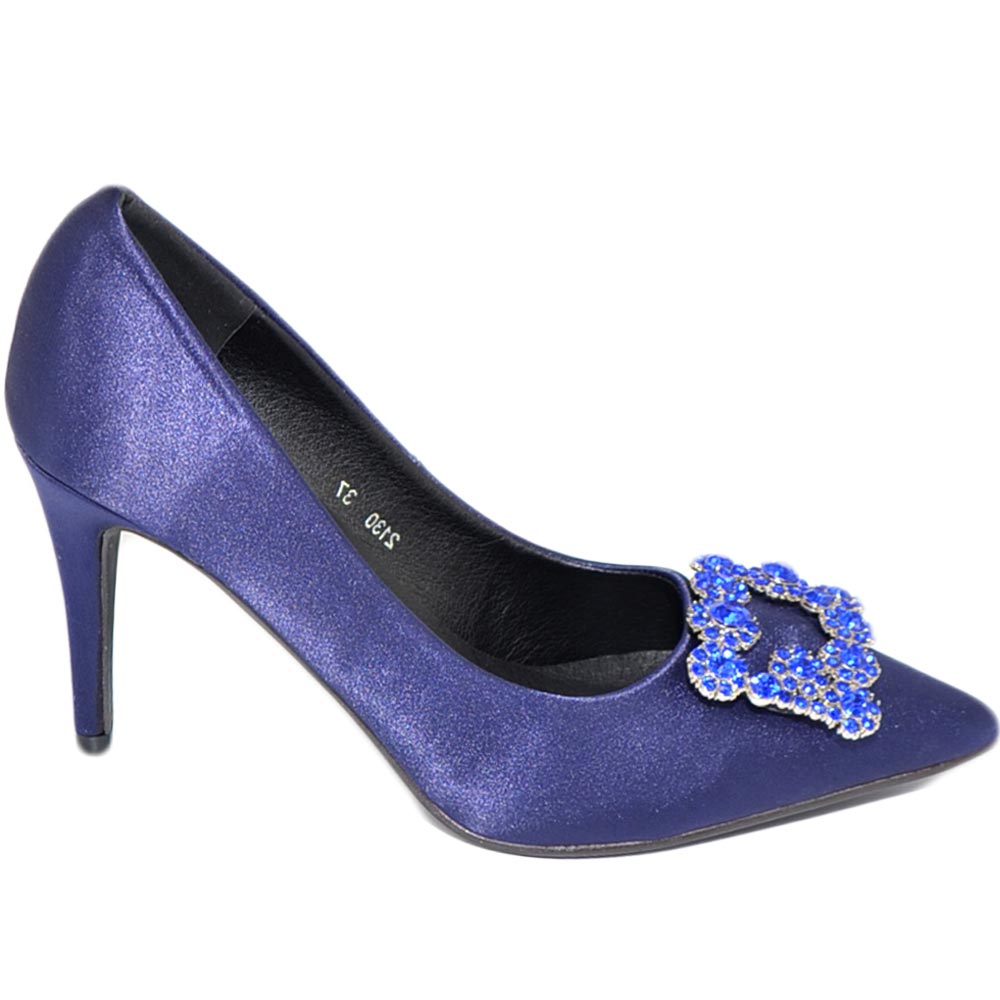 Scarpe decollete donna in raso blu elegante gioiello fermaglio quadrato punta tacco spillo 10 moda cinturino cerimonia.