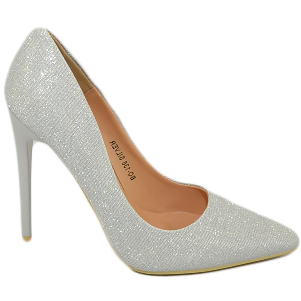 Scarpe donna decollete a punta elegante in lurex glitterato argento tacco a spillo 12 cm moda elegante cerimonia evento 