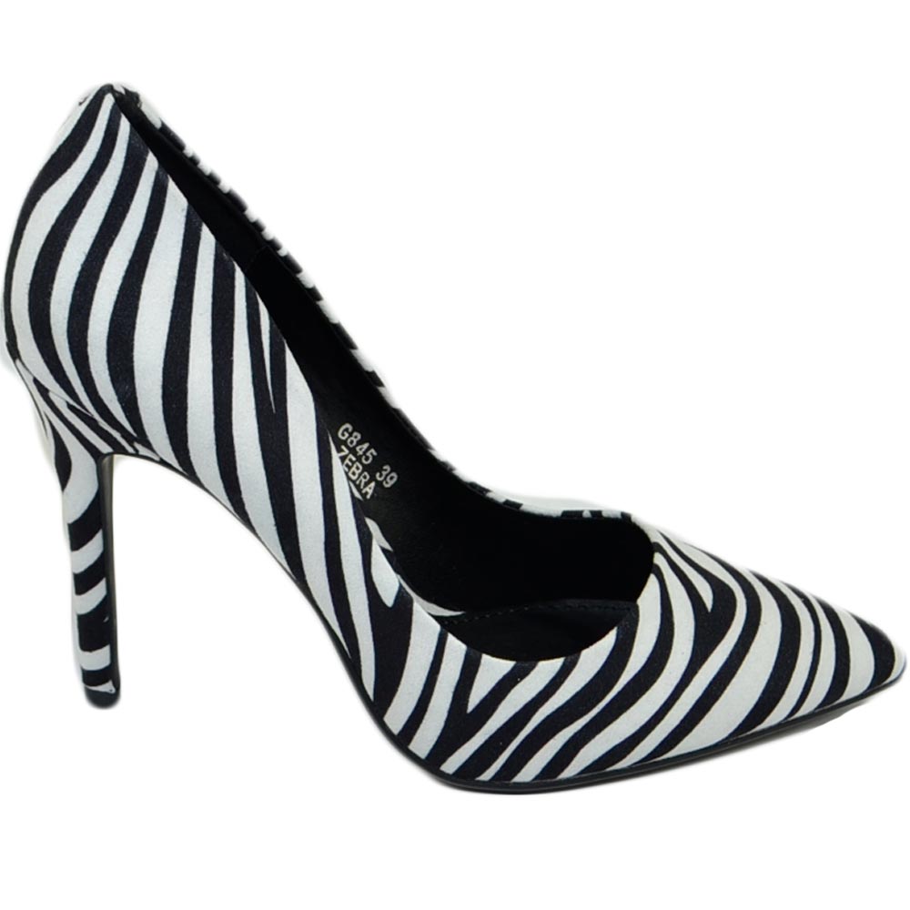 Scarpe donna decollete a punta animalier zebrata bianco pelo nero tacco a spillo 12 cm moda glamour cerimonia evento	