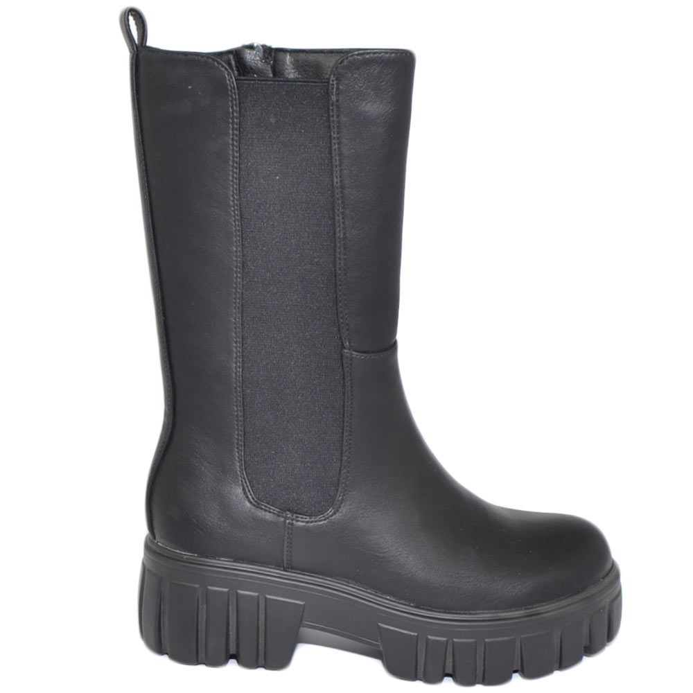 Stivale donna Platform chelsea boots combat nero fondo alto sotto ginocchio zip elastico laterale moda tendenza comodo.