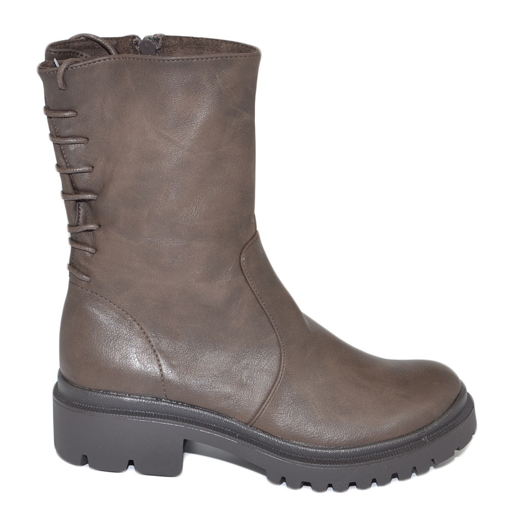 Stivale testa di moro morbido donna linea basic semplice lacci aderente caviglia fondo gomma comfort biker moda casual