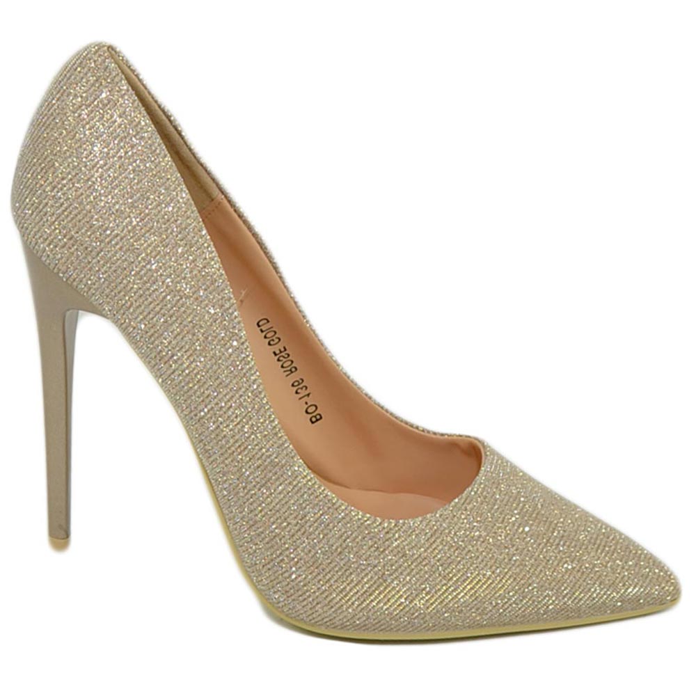 Scarpe donna decollete a punta elegante in lurex glitterato oro tacco a spillo 12 cm moda elegante cerimonia evento