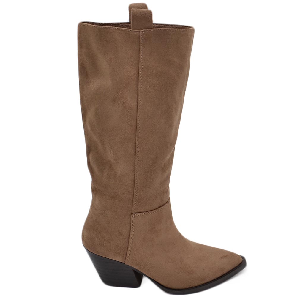 Stivali camperos donna in camoscio tortora liscio altezza polpaccio con tacco Texano legno 6cm western moda zip.