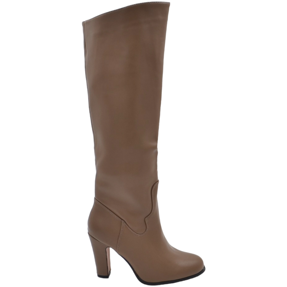 Stivali donna alti taupe basic a tacco largo comodo 10 cm punta tonda sopra al ginocchio moda