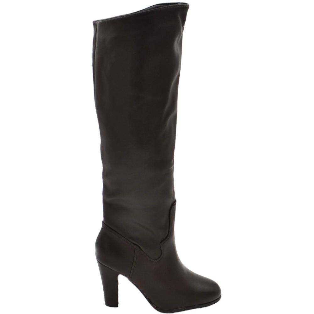 Stivali donna alti marrone basic a tacco largo comodo 10 cm punta tonda sopra al ginocchio moda