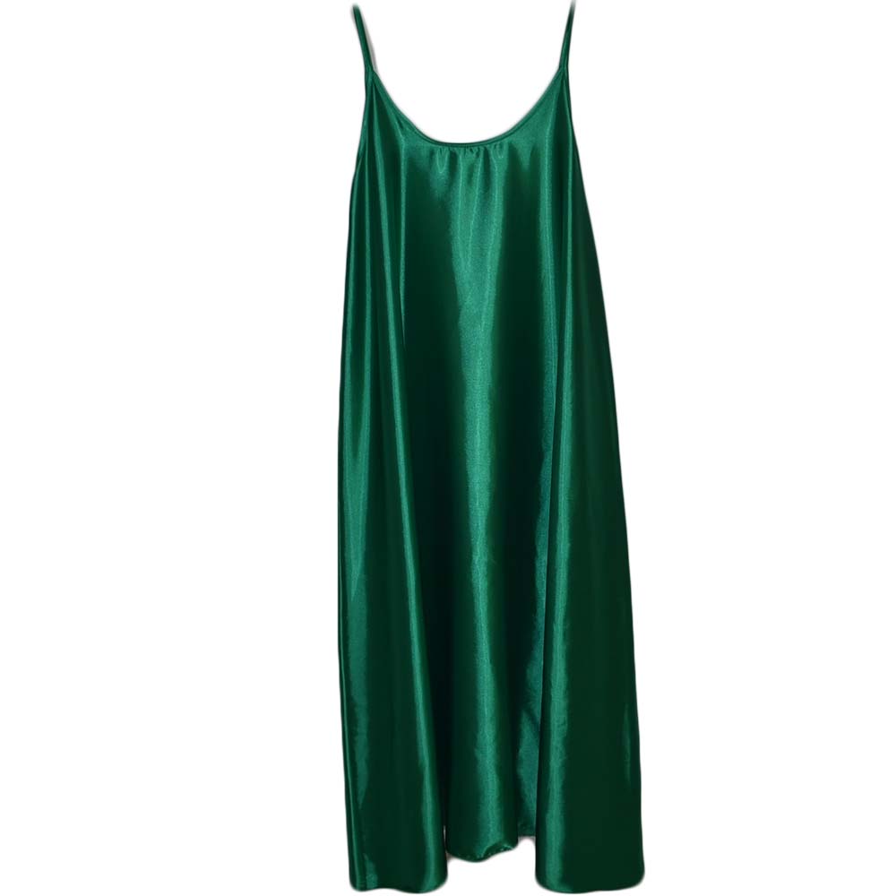 Abito donna lungo morbido in raso verde con spalline sottili scollo tondo moda linea Basic lunghezza cocktail