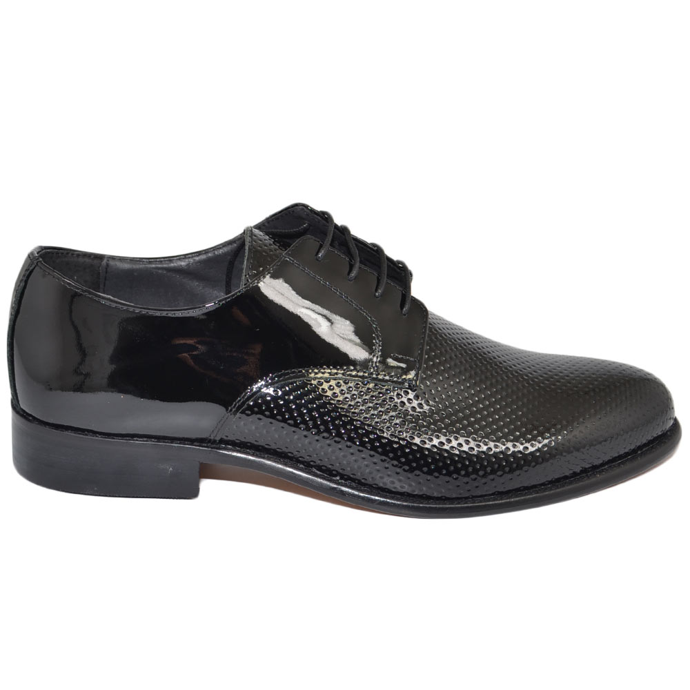 Scarpe uomo stringate classiche 019 vernice nero puntinato made in italy fondo vero cuoio antiscivolo business eleganti uomo classiche Malu Shoes MaluShoes