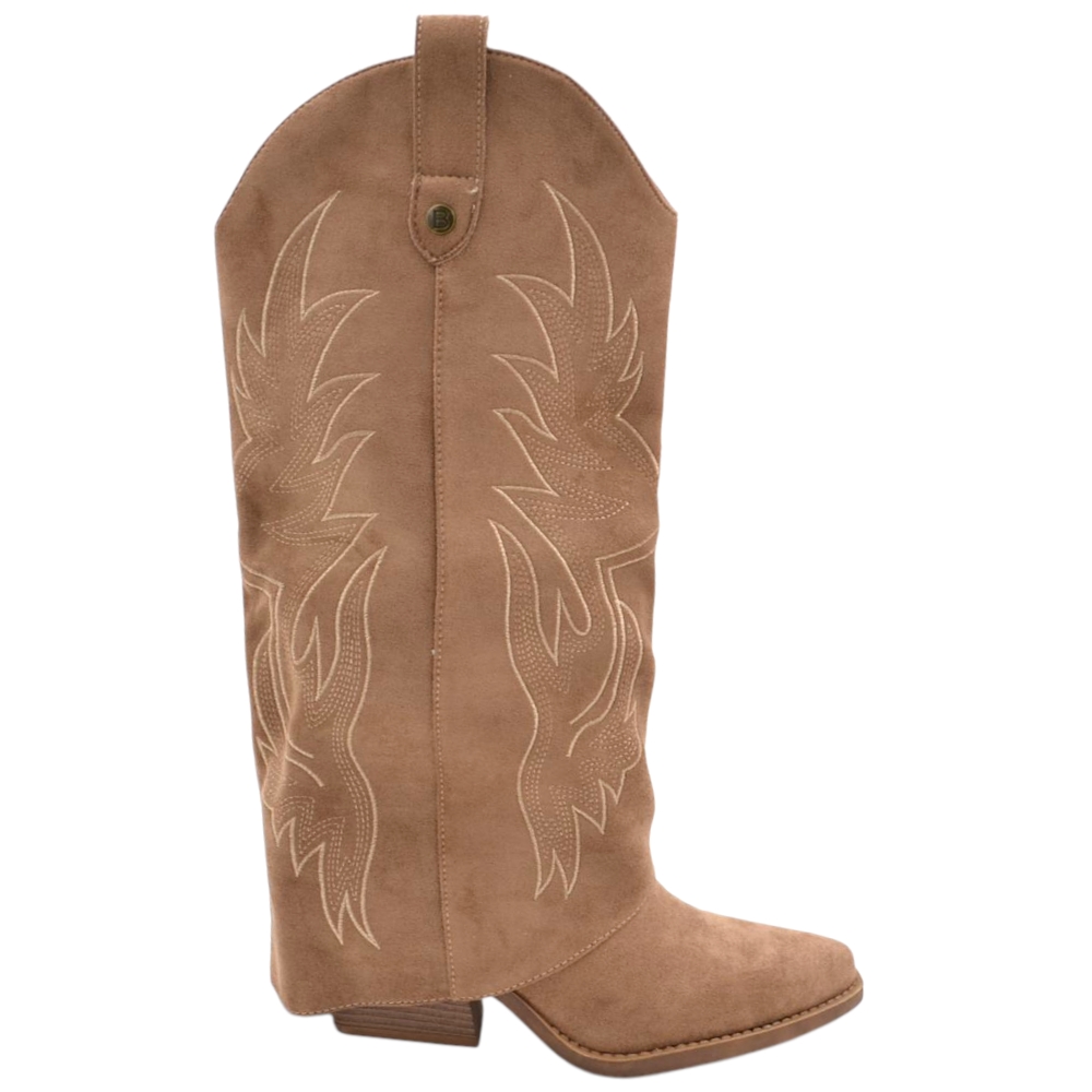 Stivali donna al ginocchio camperos in camoscio beige con risvolto e cuciture tacco western 6 cm zip interna.