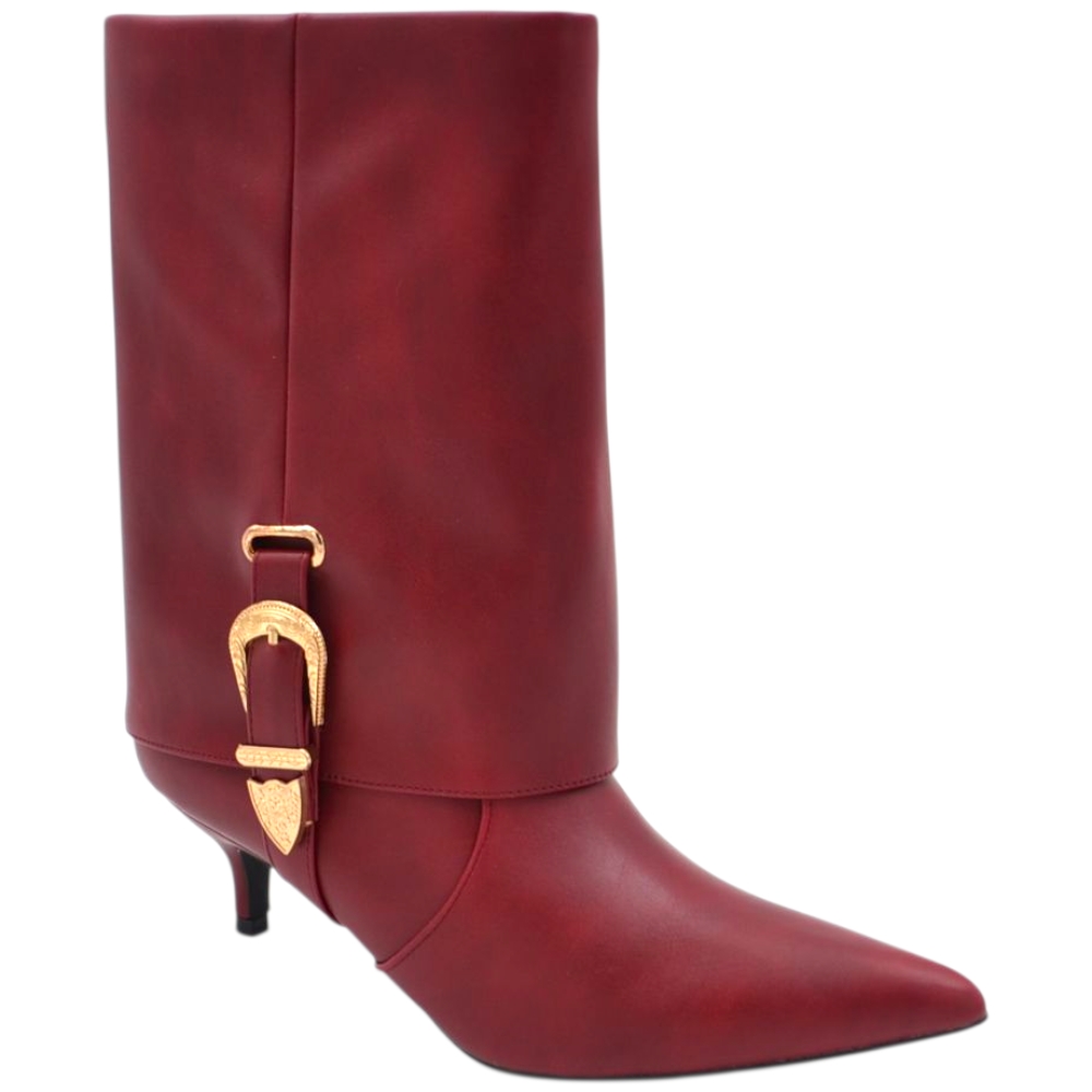 Stivaletto donna tronchetto meta' polpaccio punta in pelle bordeaux con risvolto fibbia oro tacco spillo 3 cm kitten