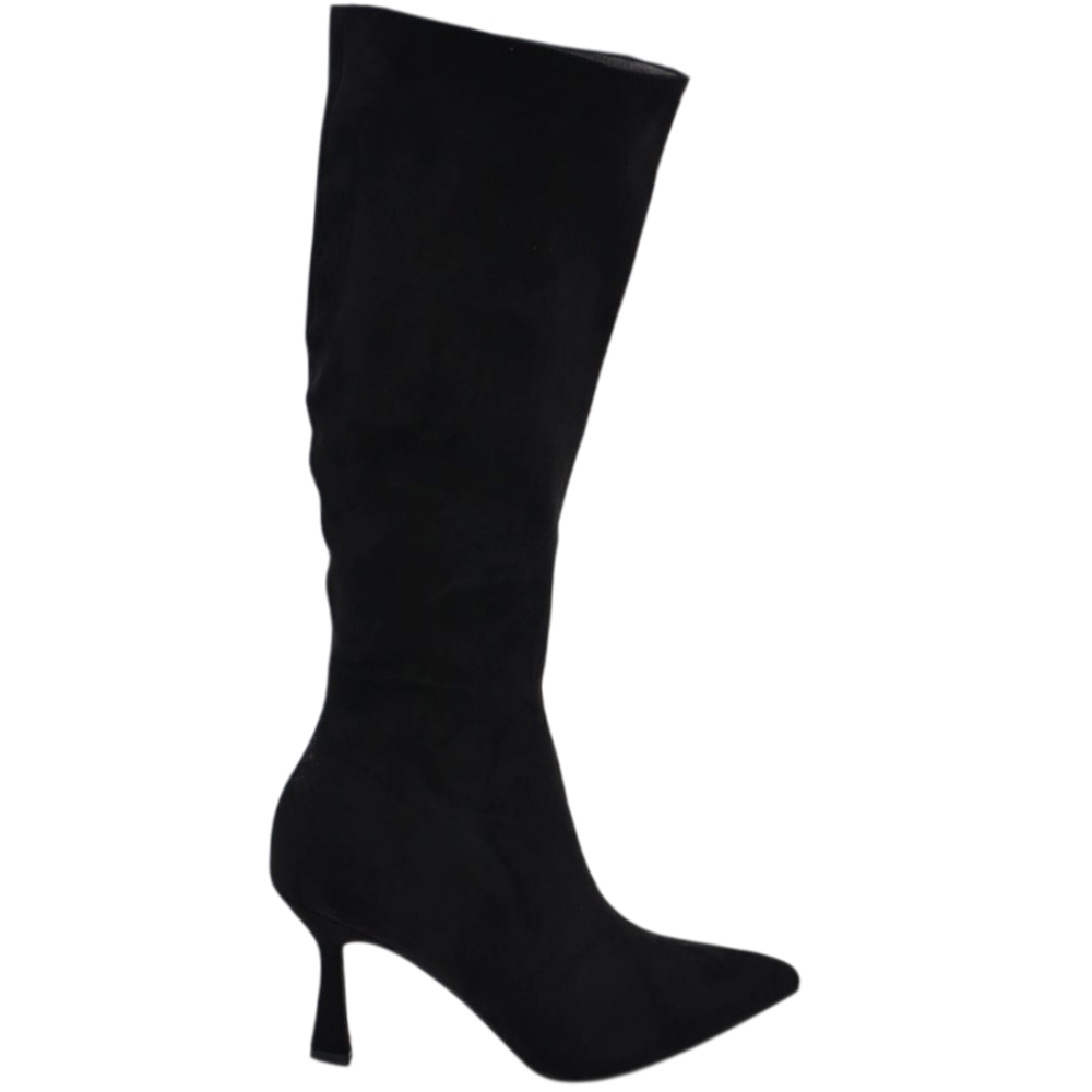 Stivali alti donna al ginocchio in camoscio nero a punta tacco a clessidra 8 cm zip lunga aderente moda linea Basic