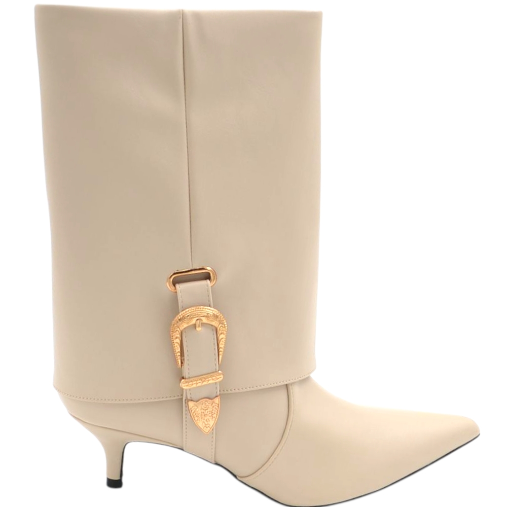 Stivaletto donna tronchetto meta' polpaccio punta in pelle beige panna con risvolto fibbia oro tacco spillo 3 cm kitten.