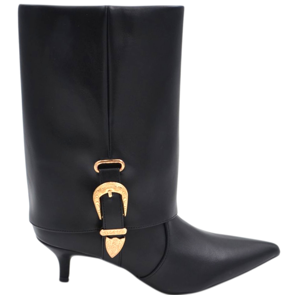 Stivaletto donna tronchetto meta' polpaccio punta in pelle nero con risvolto fibbia oro tacco spillo 3 cm kitten.