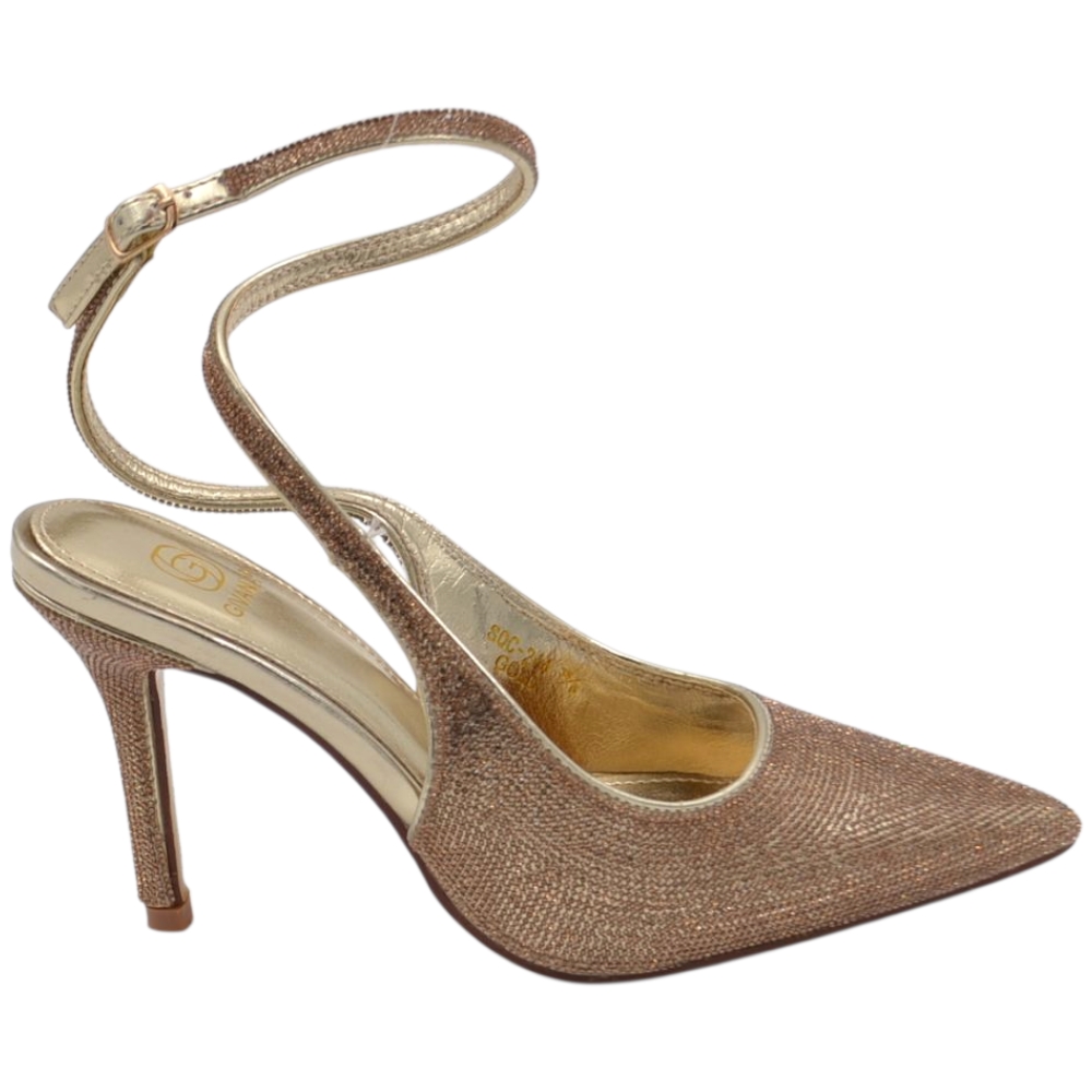 Decollete donna slingback a punta glitterato oro con strass e cinturino alla caviglia sottile 10 cm