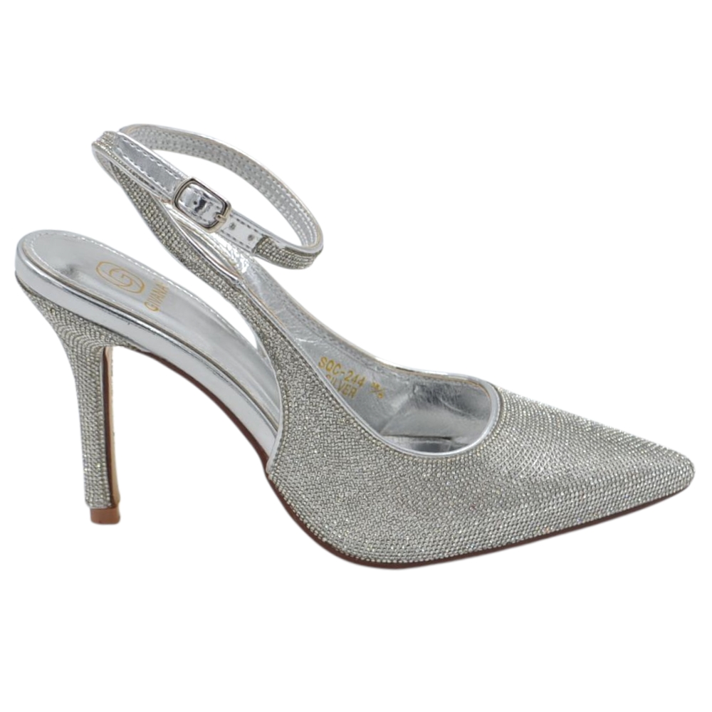 Decollete donna slingback a punta glitterato argento con strass e cinturino alla caviglia sottile 10 cm