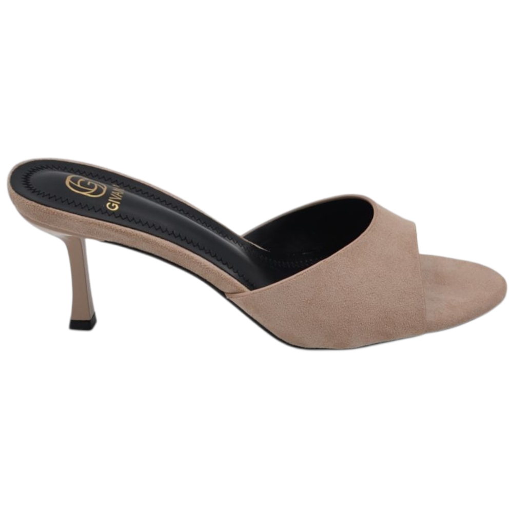 Sandalo tacco donna nude beige camoscio con fascia larga avvolgente tacco sottile 7 cm open toe.