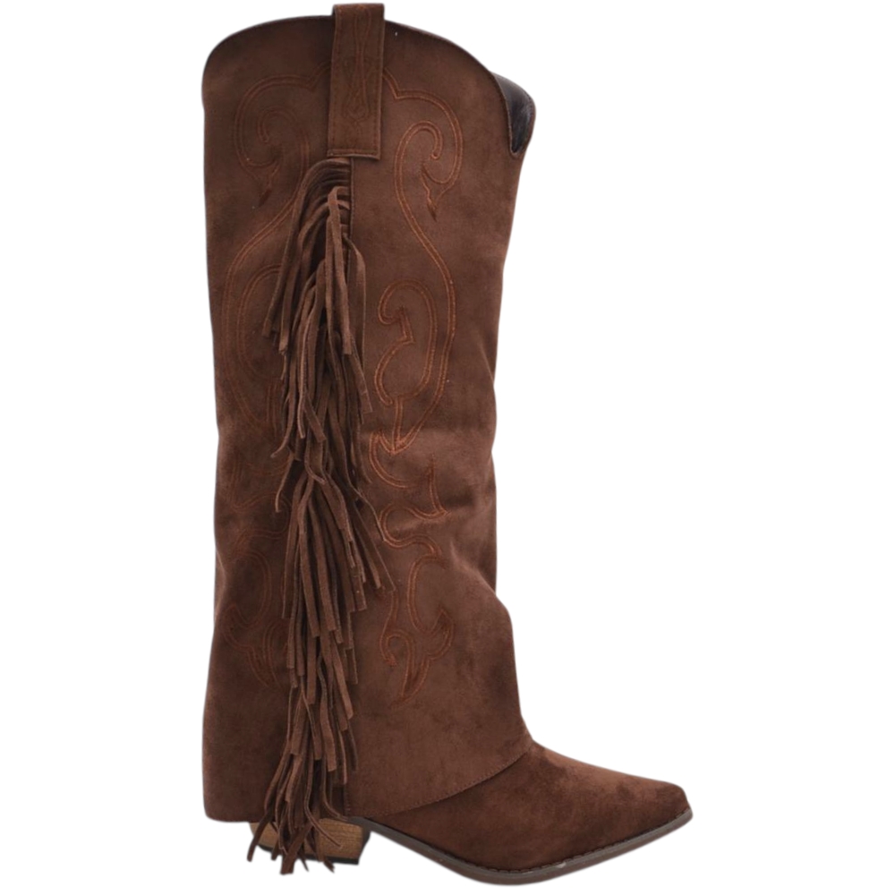 Stivali donna al ginocchio camperos in camoscio marrone con risvolto e frange tacco western 4 cm zip intera