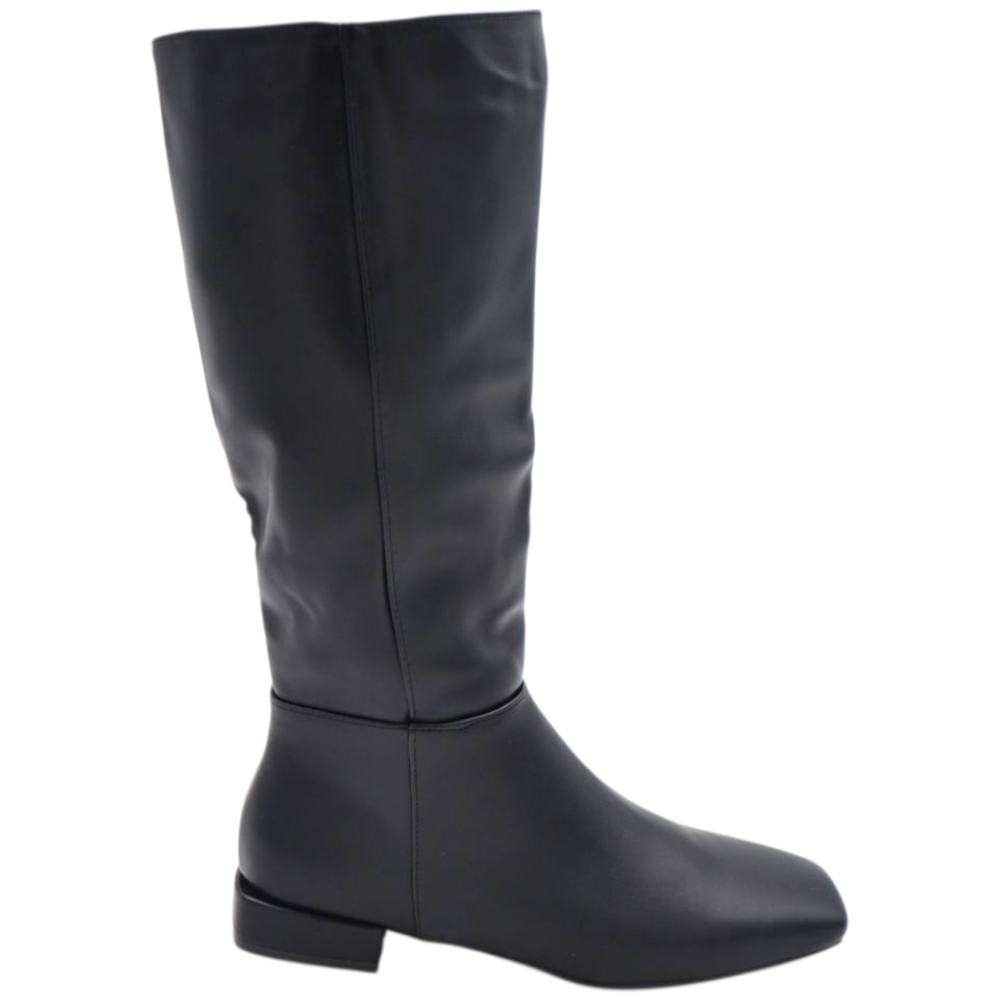 Stivali donna cavallerizzo nero liscio basic in pelle con punta squadrata aderente altezza sotto ginocchio tacco 2 cm