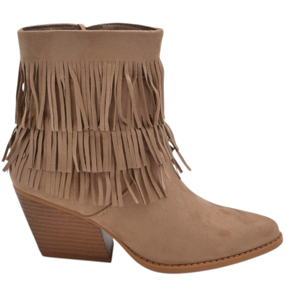 Tronchetto camperos donna in camoscio beige con frange punta tacco western 5 cm moda zip linea basic.