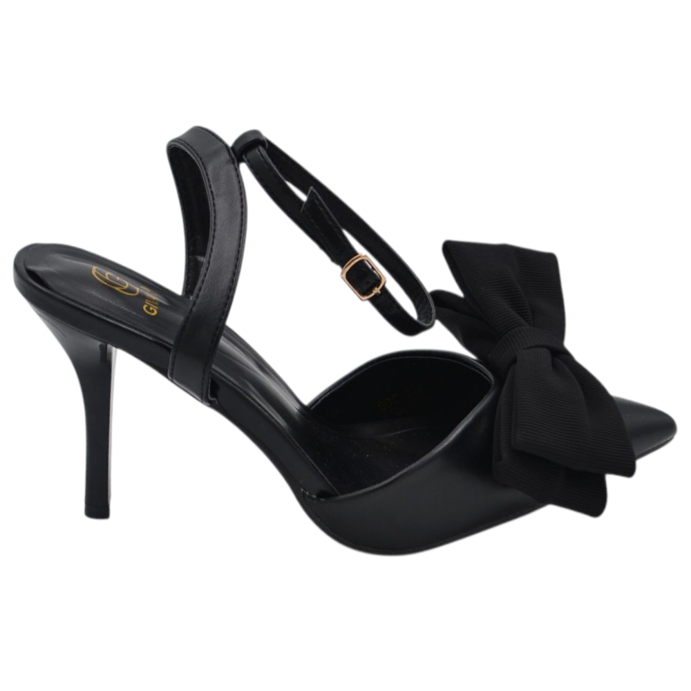 Decollete donna slingback in pelle nera a punta con fiocco tessuto davanti tacco sottile 10 cm.