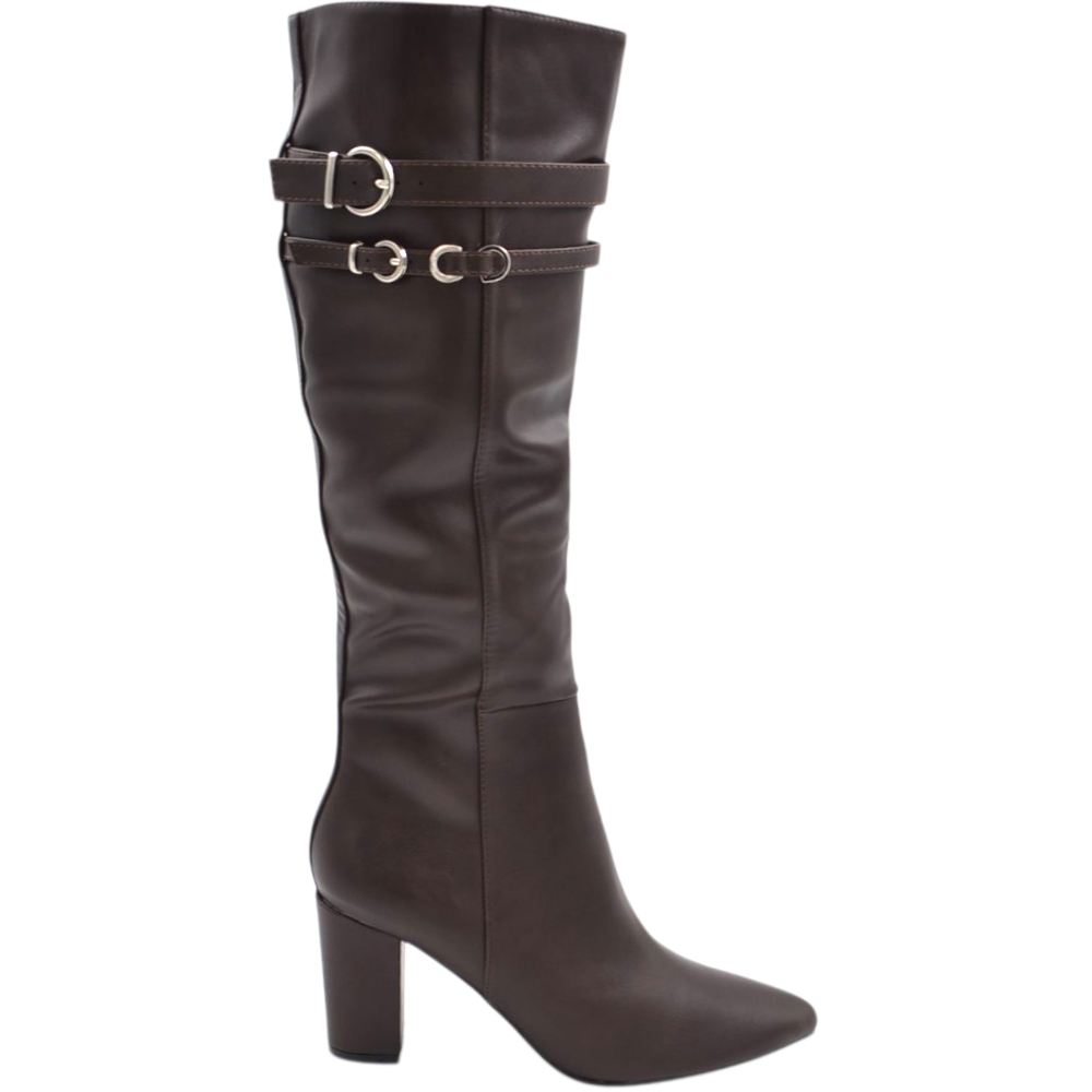 Stivale donna alto rigido in pelle marrone con tacco largo liscio linea basic a punta altezza ginocchio con fibbia.