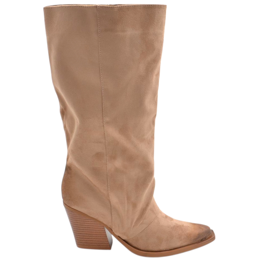 Stivali donna camperos texani stile western beige arricciato pelle scamosciata zip altezza polpaccio