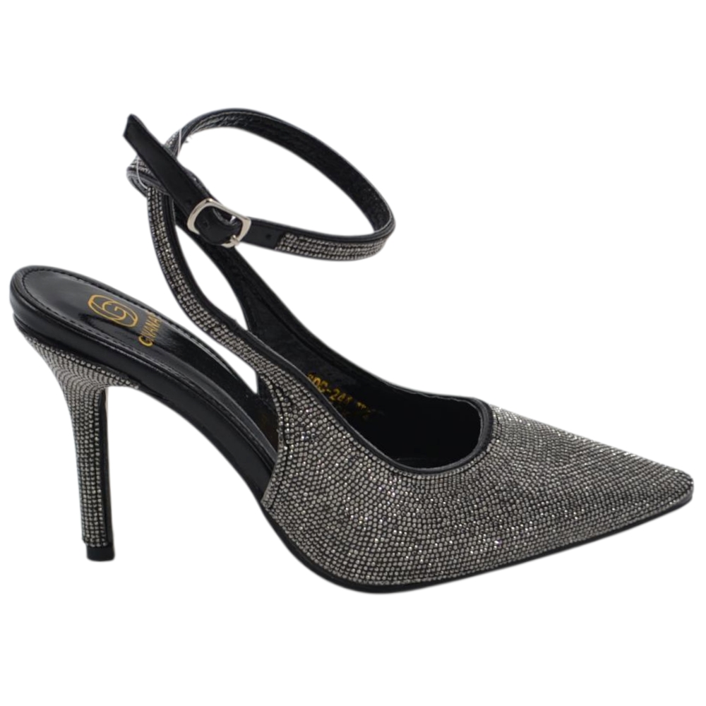 Decollete donna slingback a punta glitterato nero con strass e cinturino alla caviglia sottile 10 cm
