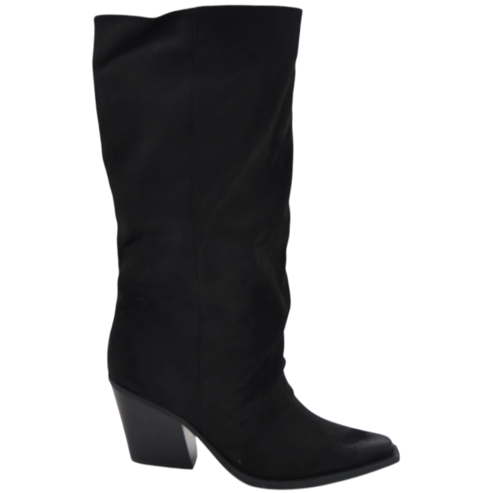 Stivali donna camperos texani stile western nero arricciato pelle scamosciata zip altezza polpaccio