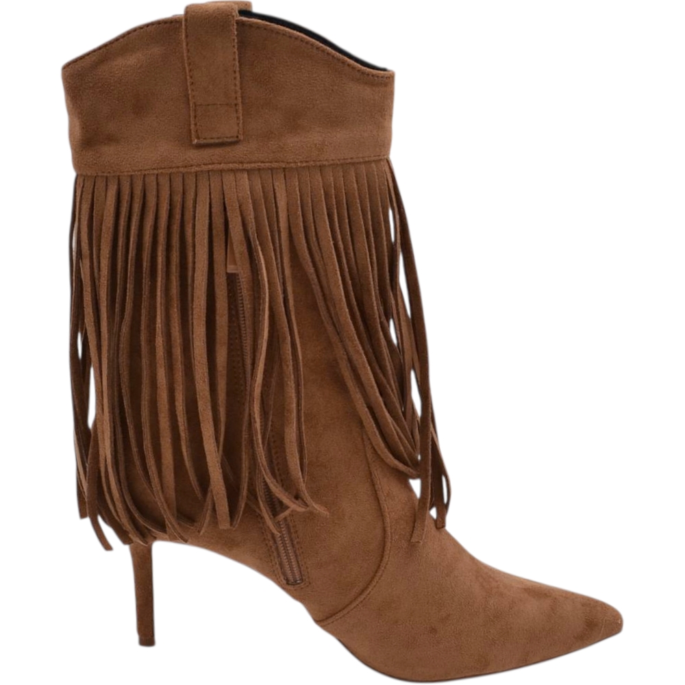 Stivaletto tronchetto donna meta' polpaccio a punta con frange camoscio kakhi beige tacco a  spillo 10 zip.