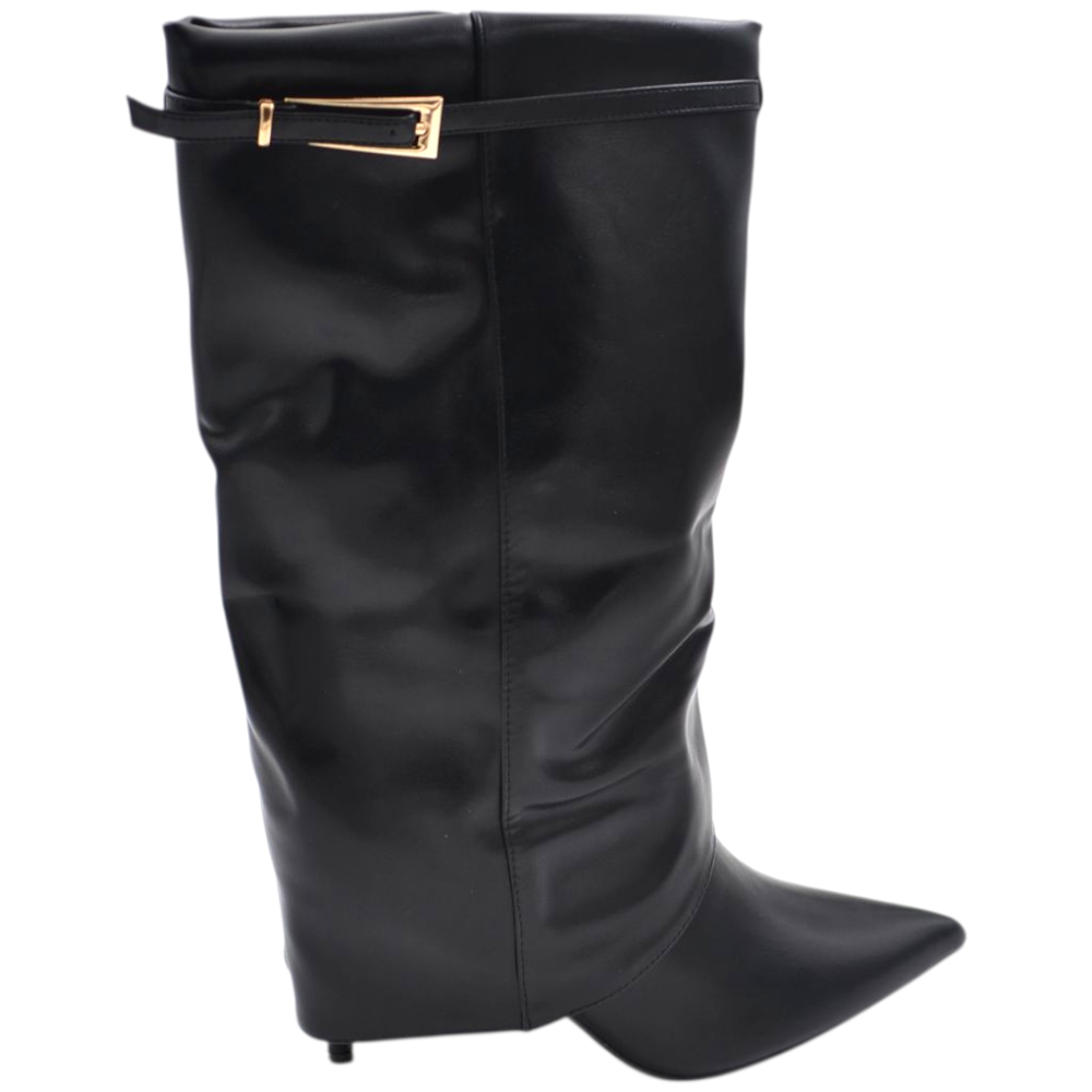Stivale donna meta' polpaccio shark punta in pelle nero con risvolto fibbia oro tacco spillo 8 cm 