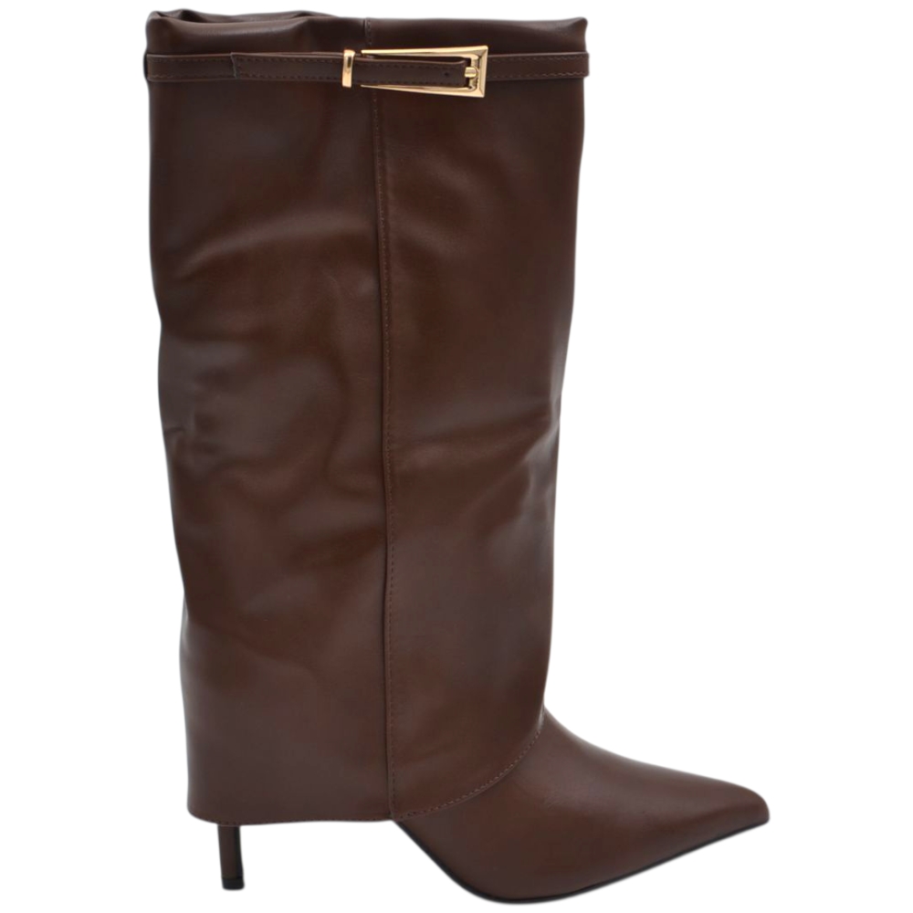 Stivale donna meta' polpaccio shark punta in pelle marrone con risvolto fibbia oro tacco spillo 8 cm
